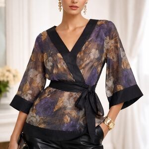 Kensie Black and Purple Floral Wrap Blouse